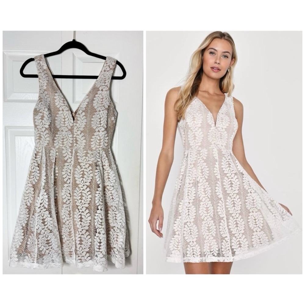Lulus White Lace Sleeveless V-Neck Skater Mini Dress All My Heart Size Small